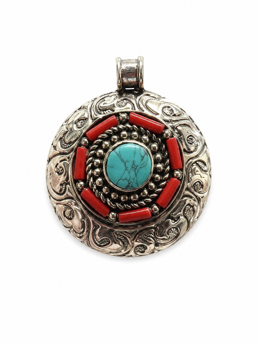 Native Style Turquoise and Coral Silver-Tone Round Pendant